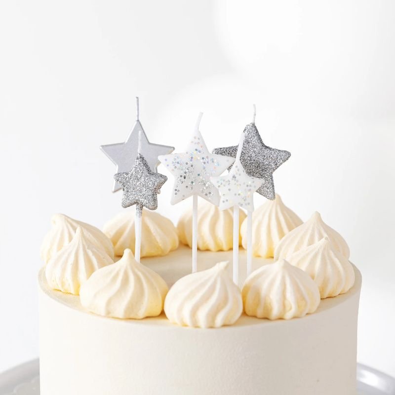 Velas plateadas estrellas, 5 uds. - NAROSA SWEET PARTY